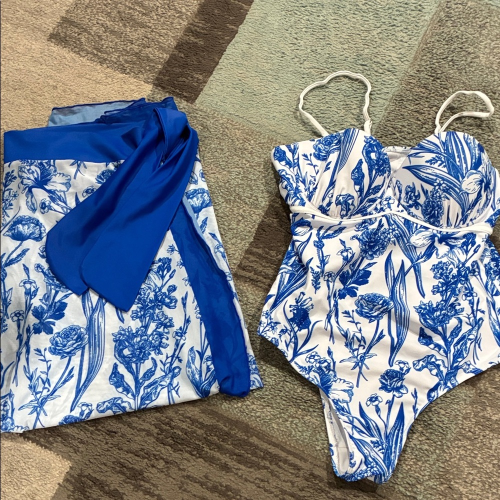 Floral Blue and White One-Piece Swimsuit